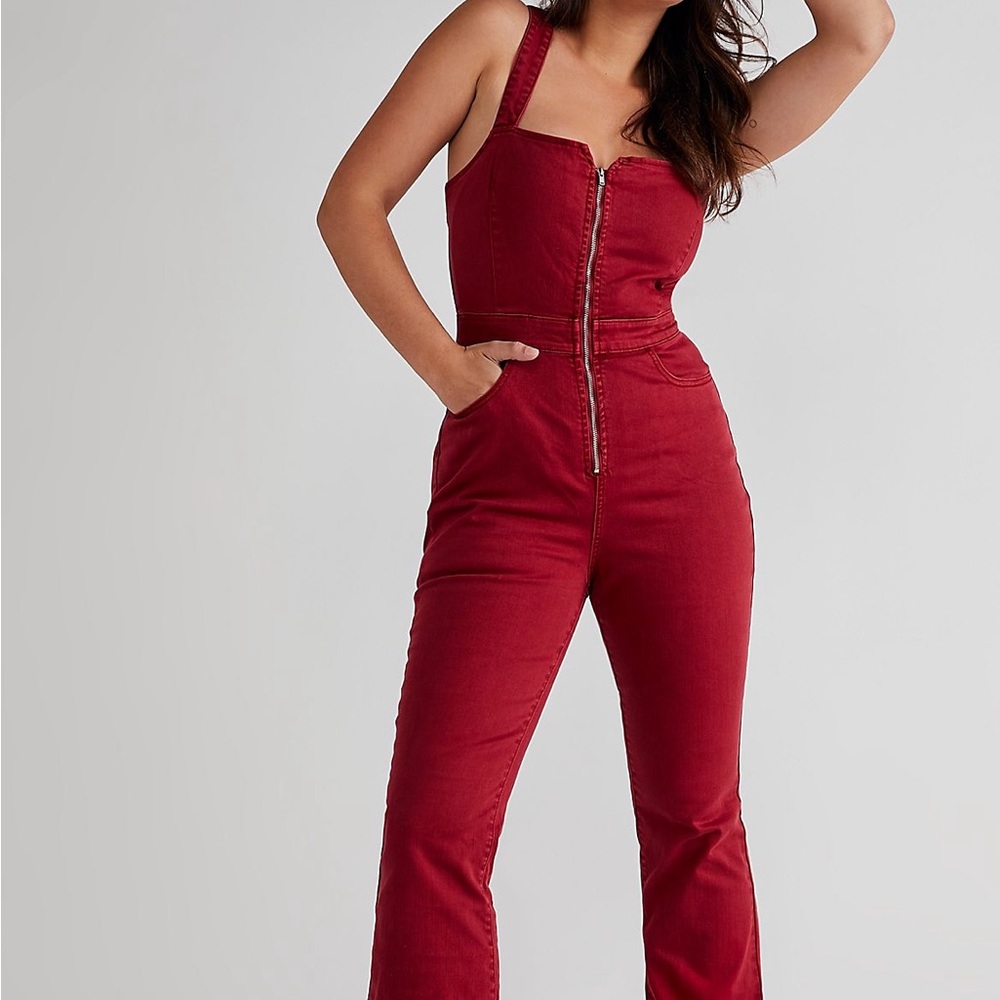 Free People Red Denim Jumpsuit